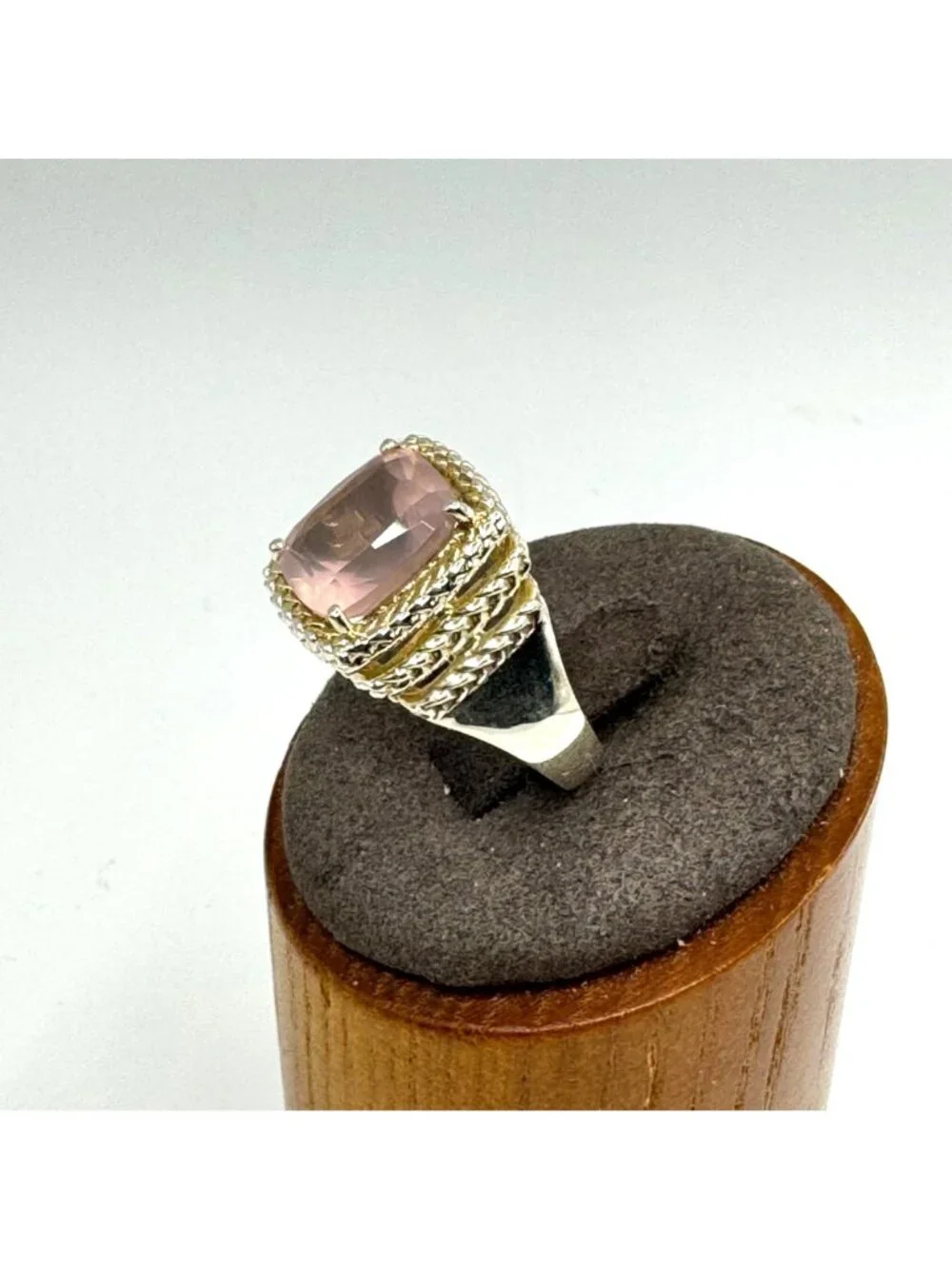 Rose Quartz Prong Set Ring Two Tone 925 Sterling Silver Size 8